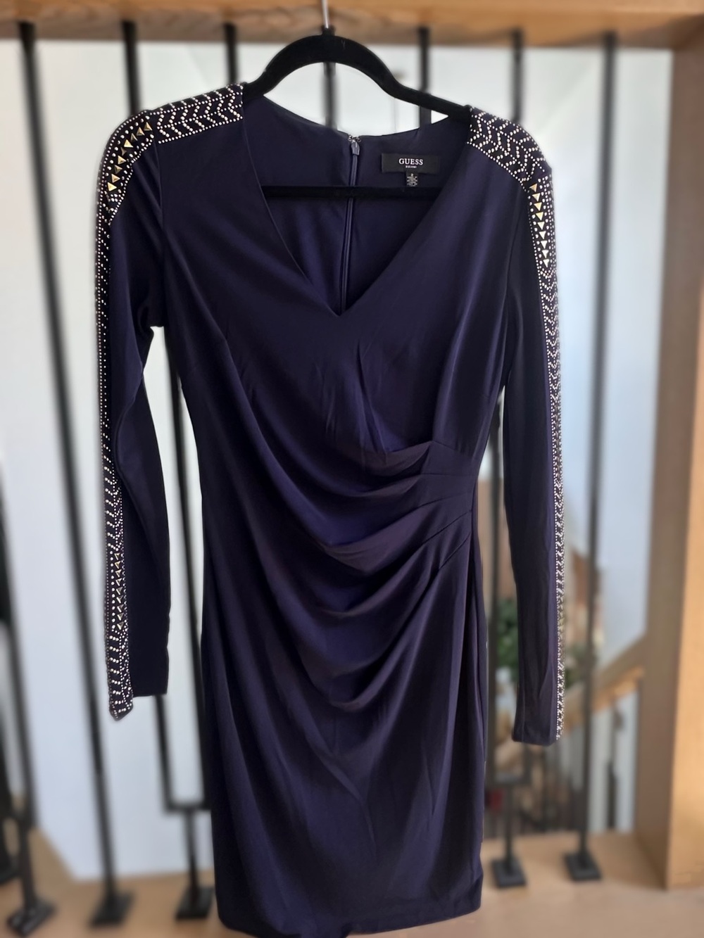 Guess Navy Long-Sleeve Ruched V-Neck Dress with Embellished Sleeves
